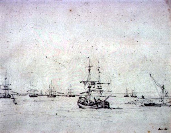 En brig for anker og anden skibsfart i Themsen (grafit på papir) af John Constable