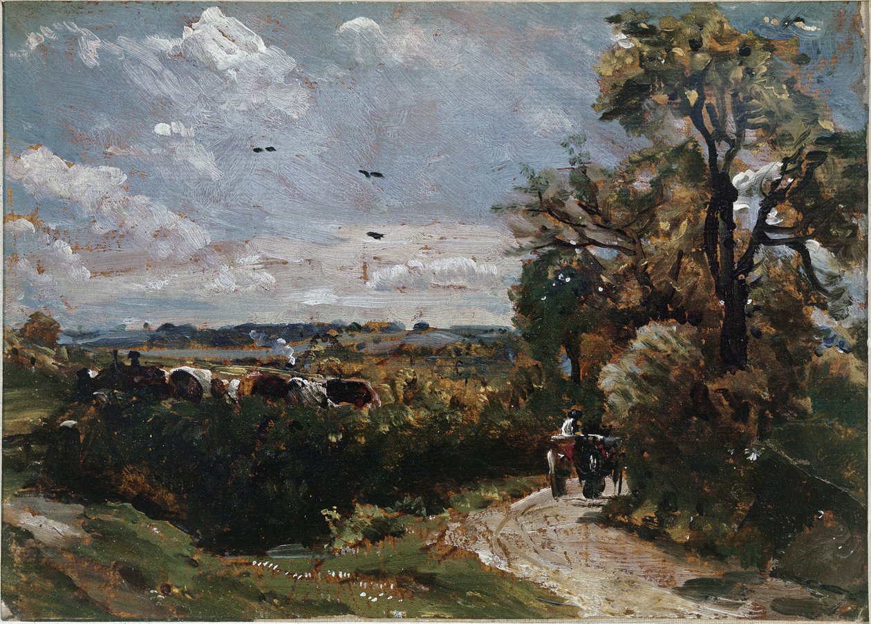 En vogn på vejen til Flatford (olie på lærred af John Constable