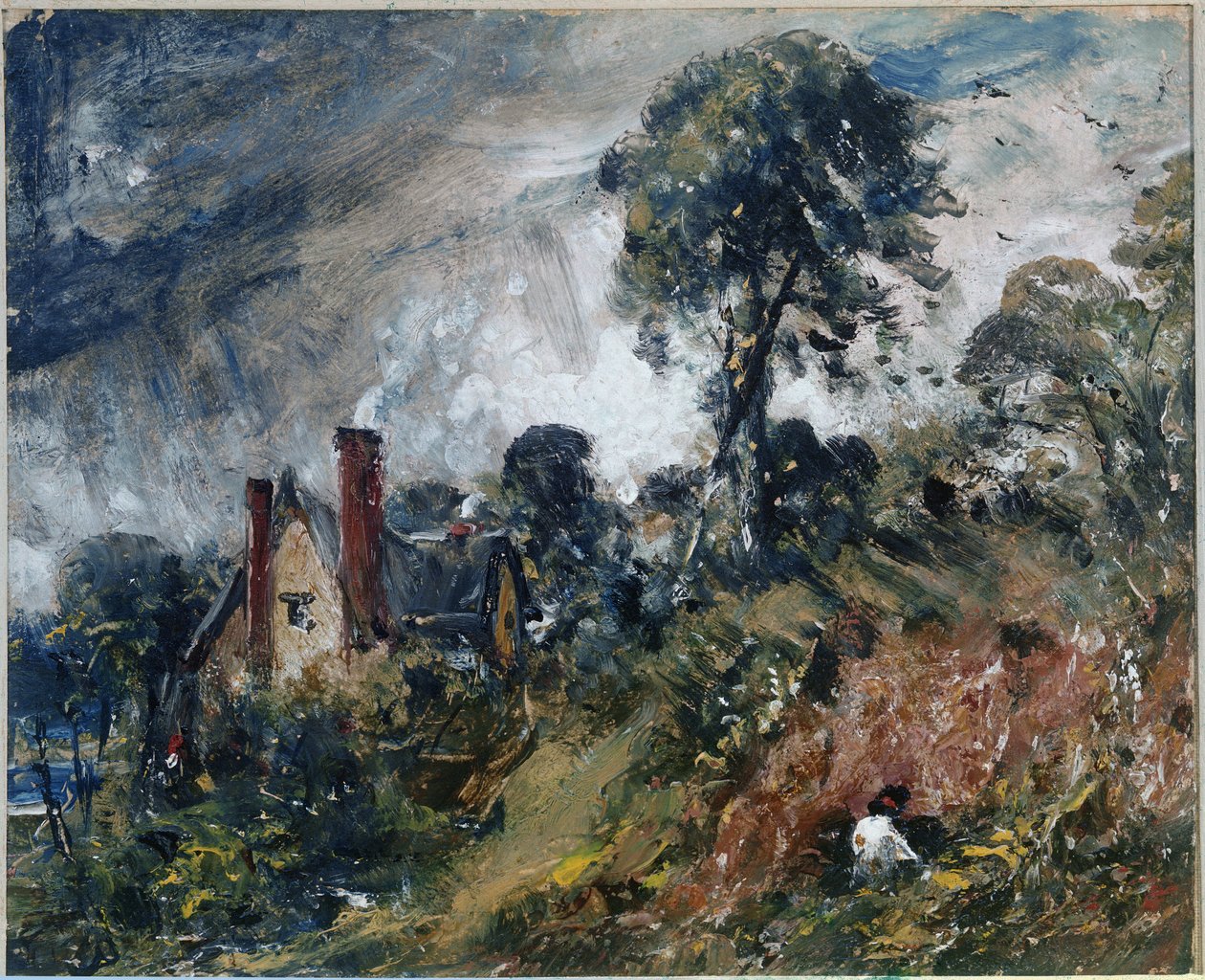 Et sommerhus blandt træer med en sandbanke (olie på lærred af John Constable