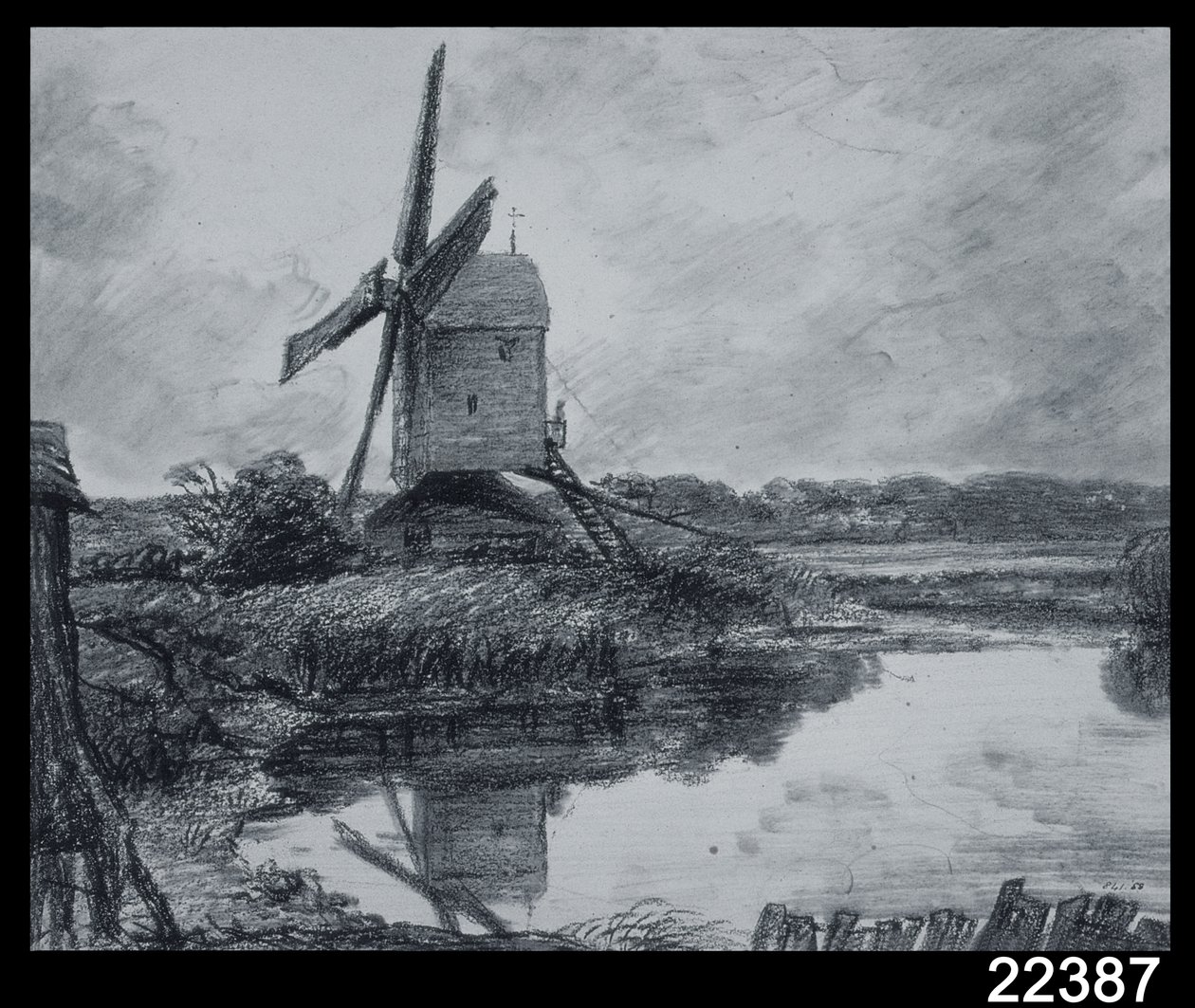 En mølle ved bredden af floden Stour (kul på papir) af John Constable