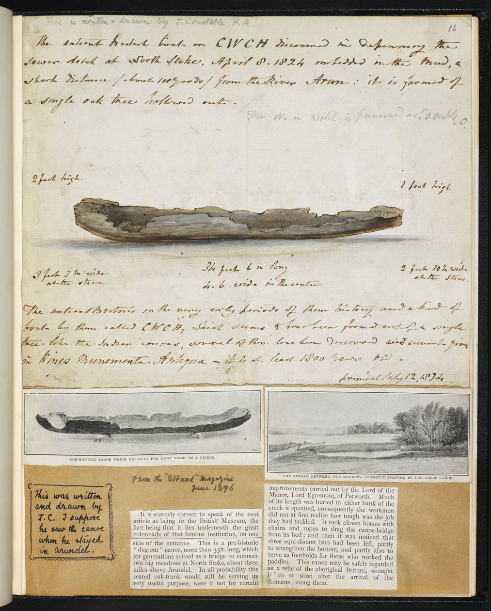 Antikviteter: Tegning af gammel britisk kano fundet (1824) ved North Stoke af John Constable