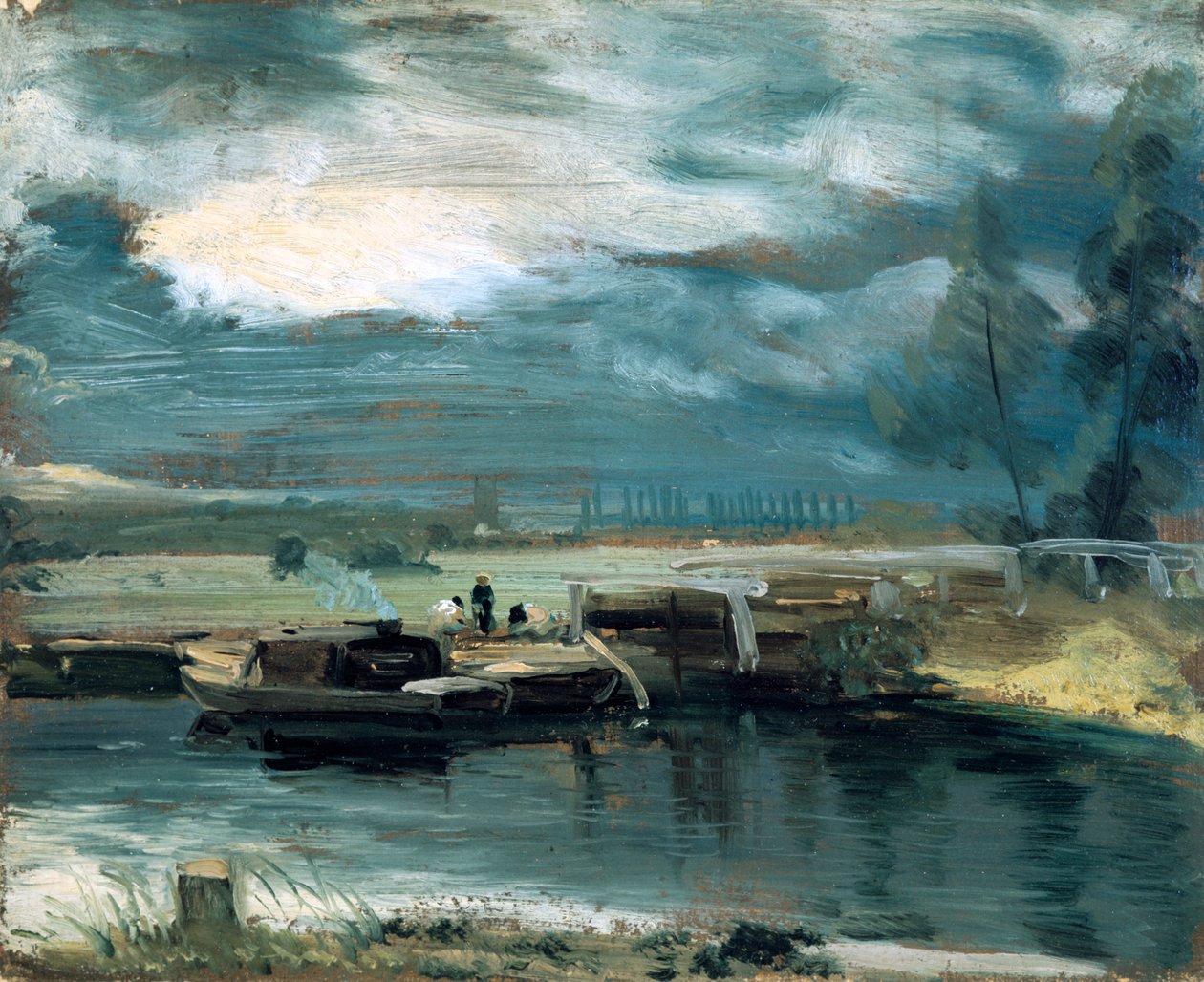 Pramme på Stour, med Dedham Church i det fjerne, 1811 af John Constable
