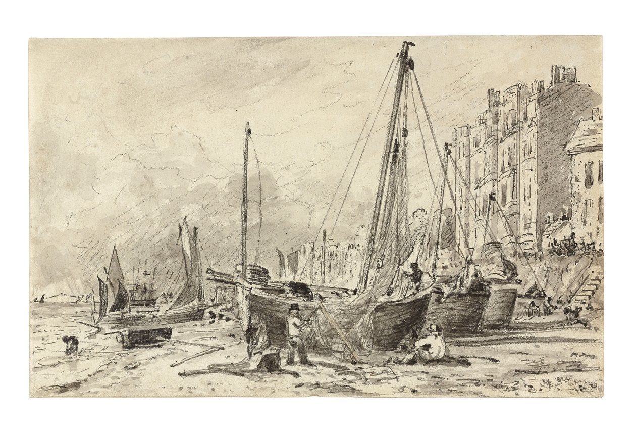 Strandede fiskerbåde med fiskere, der reparerer net på stranden ved Brighton, med udsigt mod vest, ca. 1824-28 af John Constable
