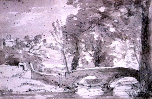 Bro med træer og bygninger, ved Haddon af John Constable