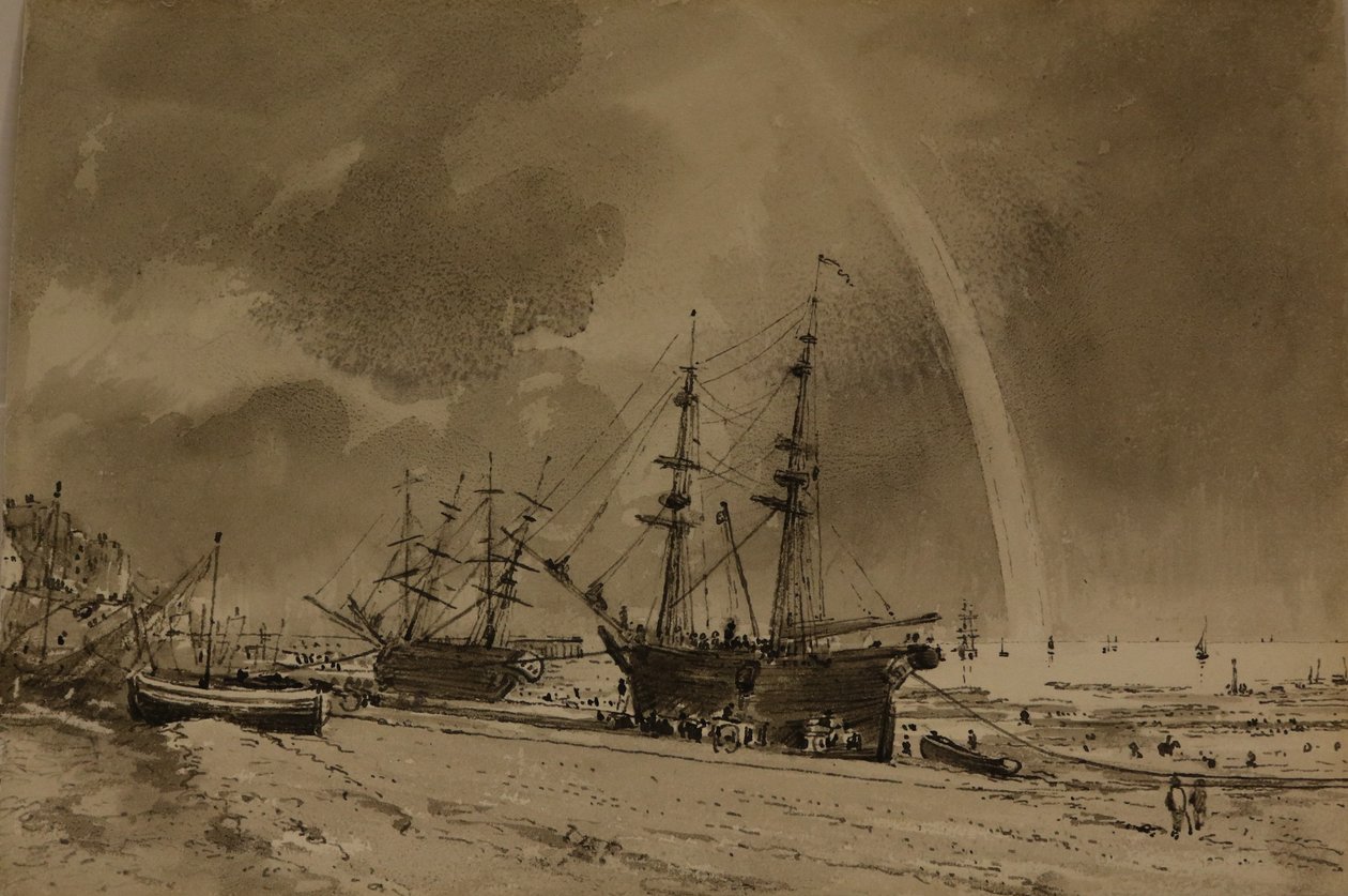 Brighton Beach med en regnbue: Colliers Unloading, ca. 1792 (akvarel på papir) af John Constable