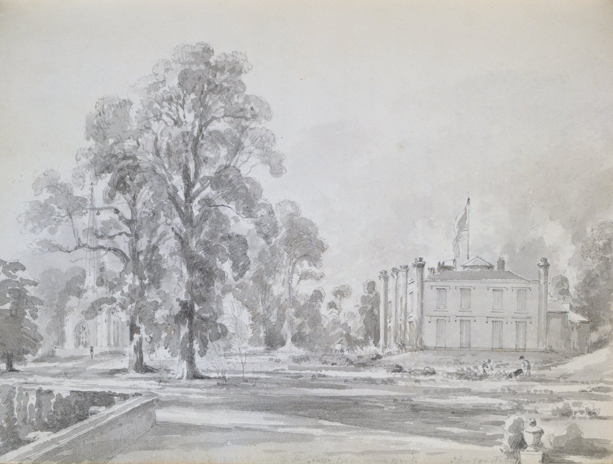 Coleorton Hall, Leicestershire, hjemsted for Sir George Beaumont (pen og vask) af John Constable