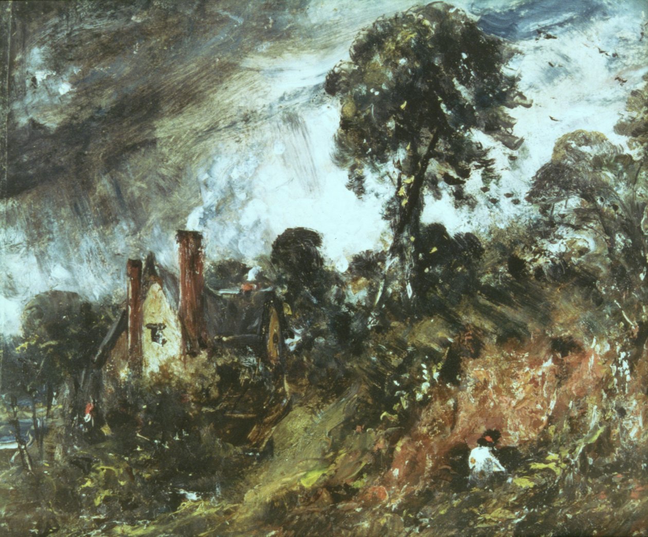 Sommerhus blandt træer med sandbanke, ca. 1830-36 af John Constable