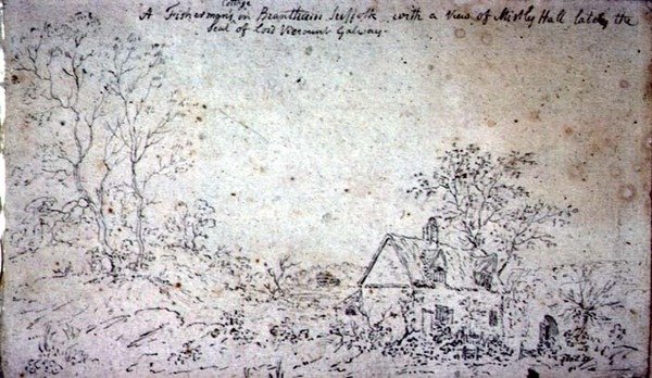 Sommerhus ved Brantham med udsigt til Mistley Hall (tegning) af John Constable