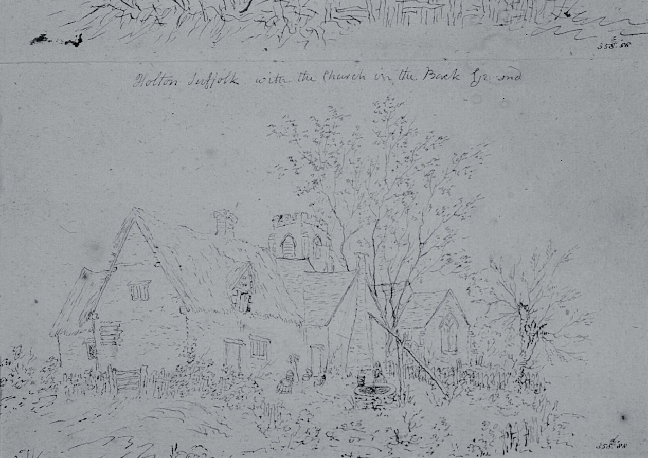 Sommerhus ved Holton med kirken i baggrunden (pen og blæk på papir) af John Constable