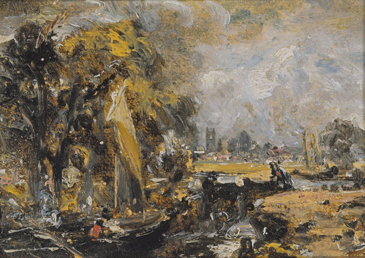 Dedham Lock, ca. 1819 (olie på papir lagt på lærred) af John Constable