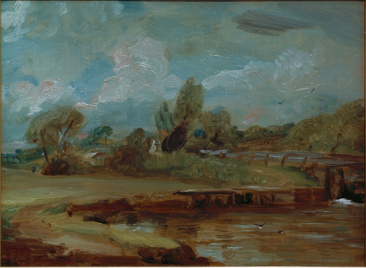 Flatford Lock fra en sti ved floden af John Constable