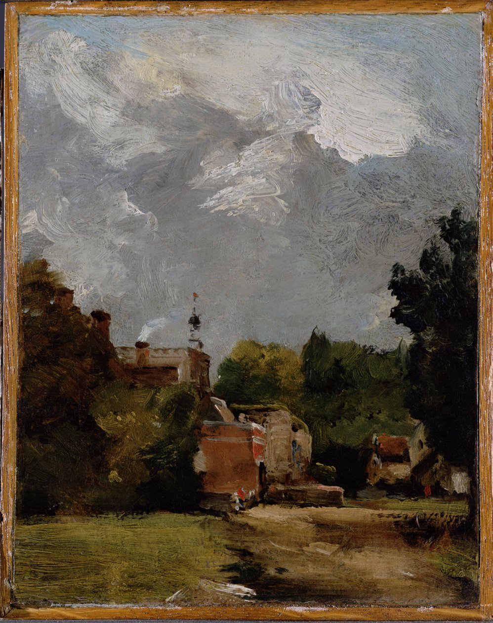 Østre Bergholt Kirke fra Kirkegade (olie på papir på panel) af John Constable
