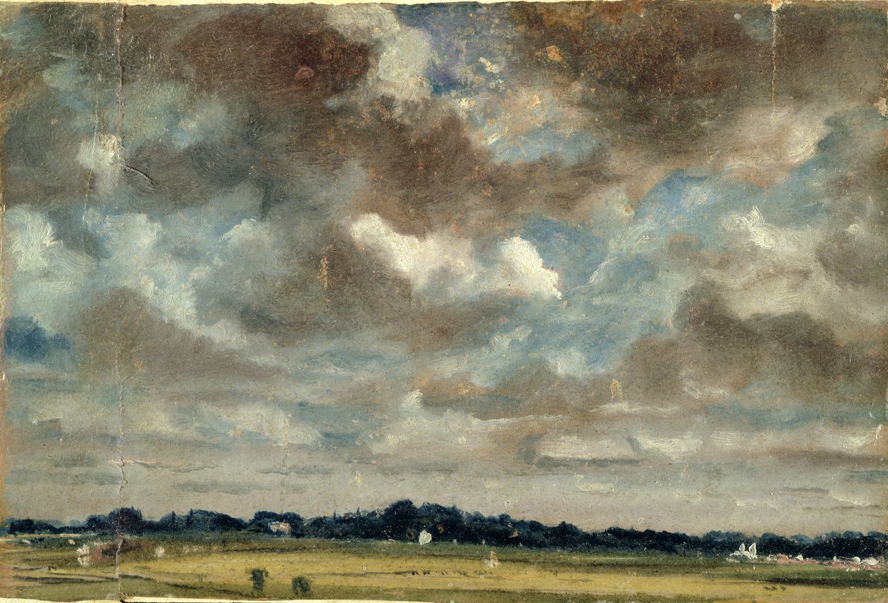 Omfattende landskab med grå skyer, ca. 1821 (olie på papir på lærred) af John Constable