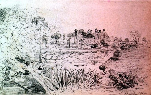 Gårdsbygninger og bro nær Salisbury (blyant) af John Constable