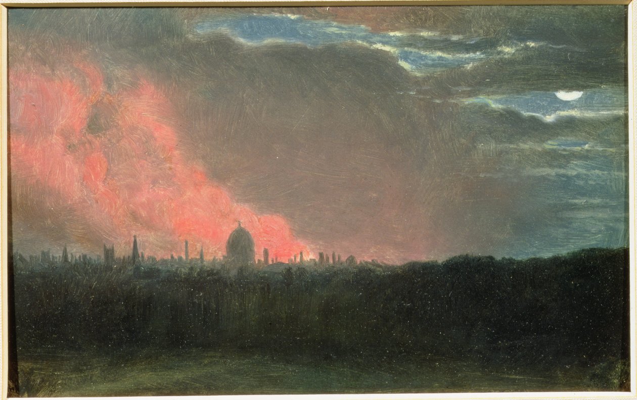 Brand i London set fra Hampstead (olie på papir lagt på panel) af John Constable