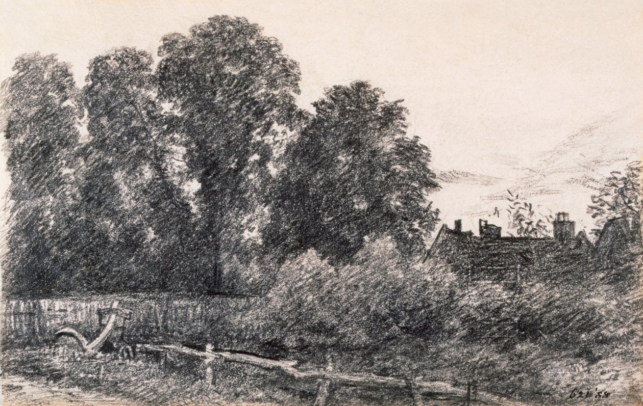 Landskab med elmetræer og et hus (grafit på papir) af John Constable