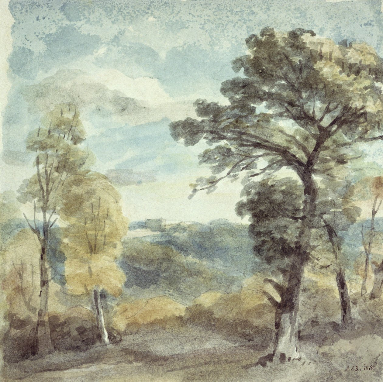 Landskab med træer og et fjernt palæ (akvarel) af John Constable