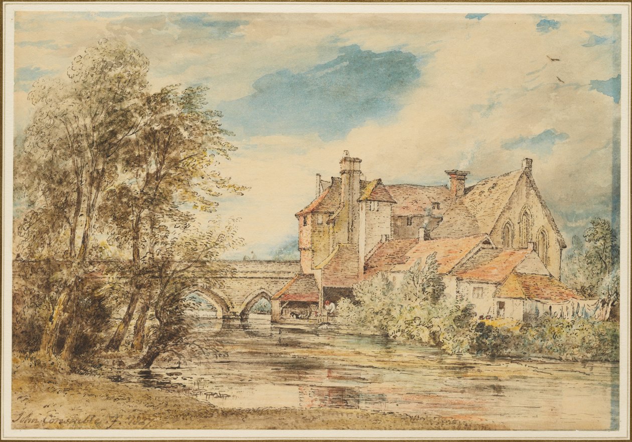 Gamle huse på Harnam Bridge, Salisbury, med Sankt Nikolajs gamle hospital af John Constable