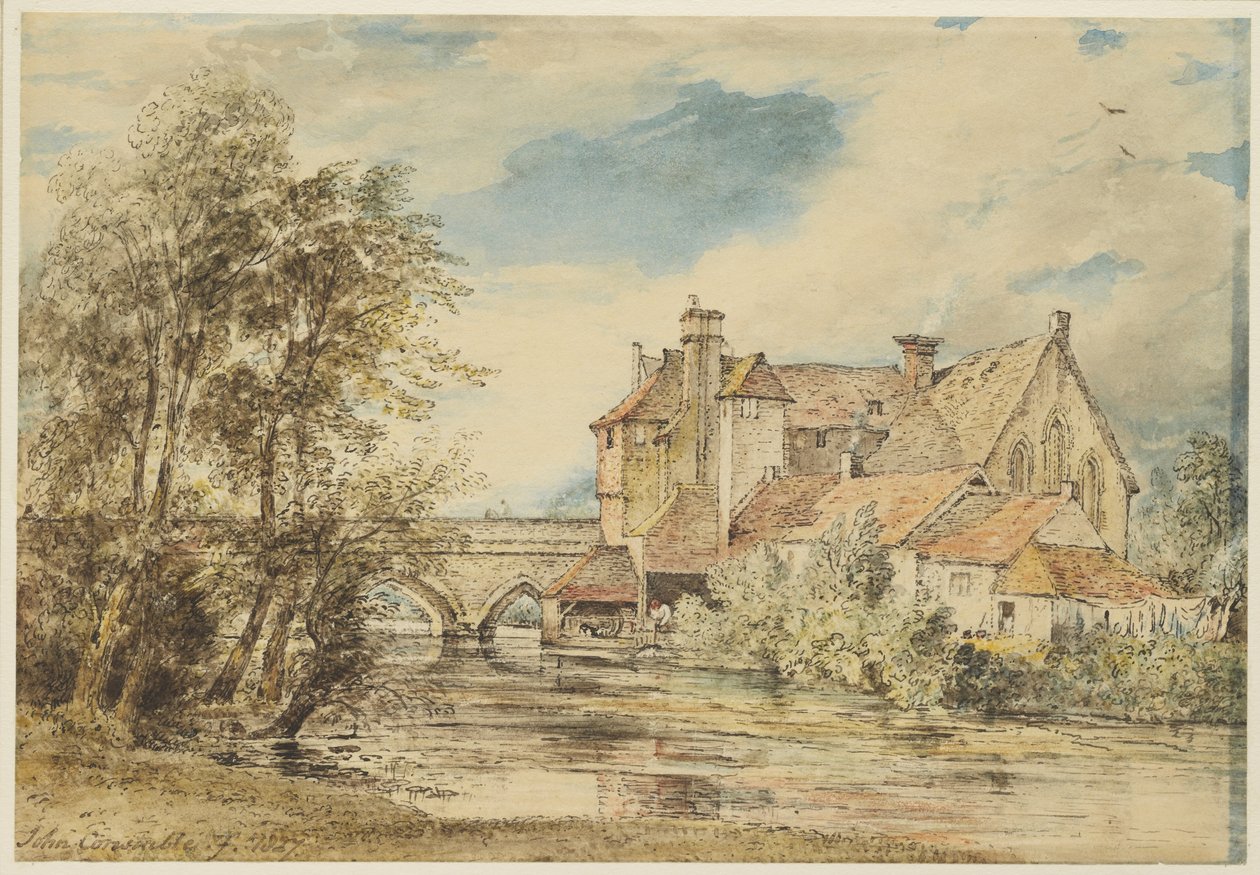 Gamle huse på Harnham Bridge, Salisbury med Ancient Hospital of Saint Nicholas, 1827 af John Constable
