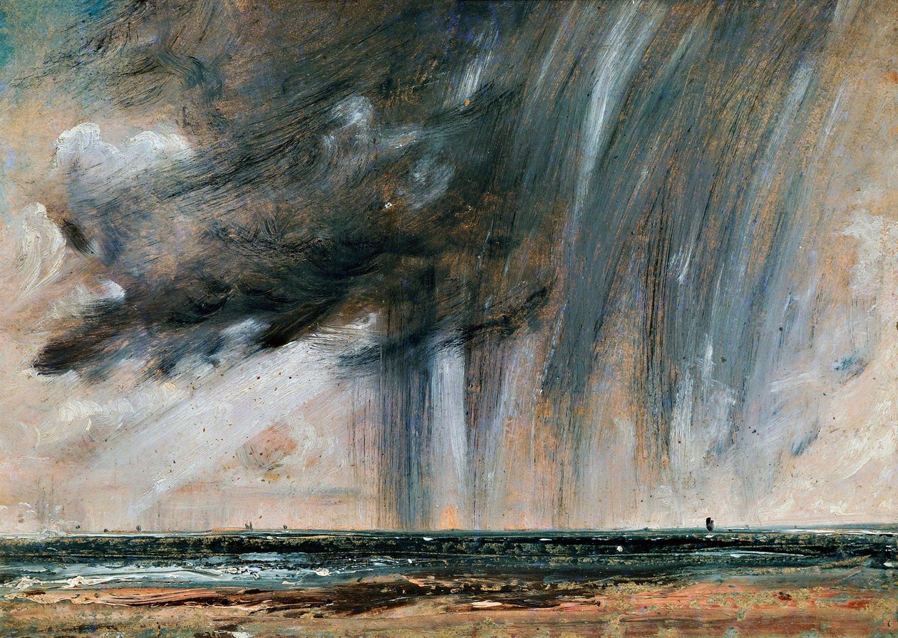 Regnstorm over havet, sølandskabsstudie med regnskyer, ca 1824-1828, af John Constable (1776-1837), olie på papir lagt på lærred, 22,2x31 cm af John Constable