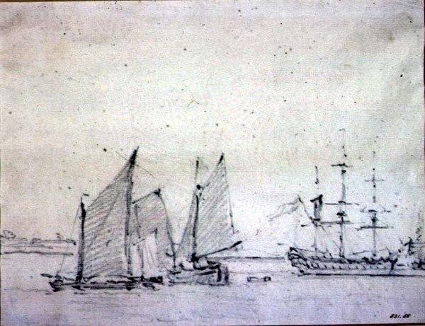 Skibsfart i Themsen (grafit på papir) af John Constable