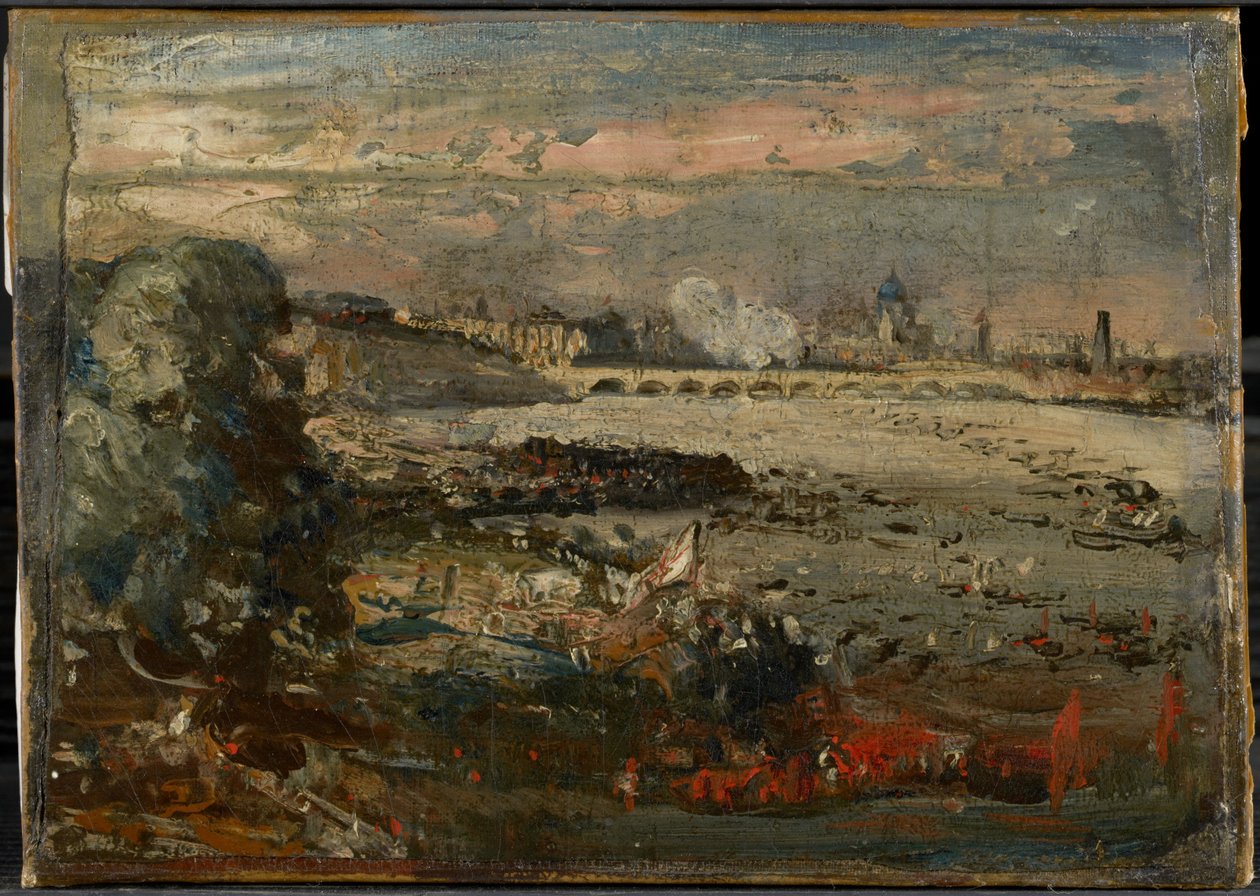 Skitse til „Åbningen af Waterloo Bridge set fra Whitehall Stairs, 18. juni 1817“ af John Constable