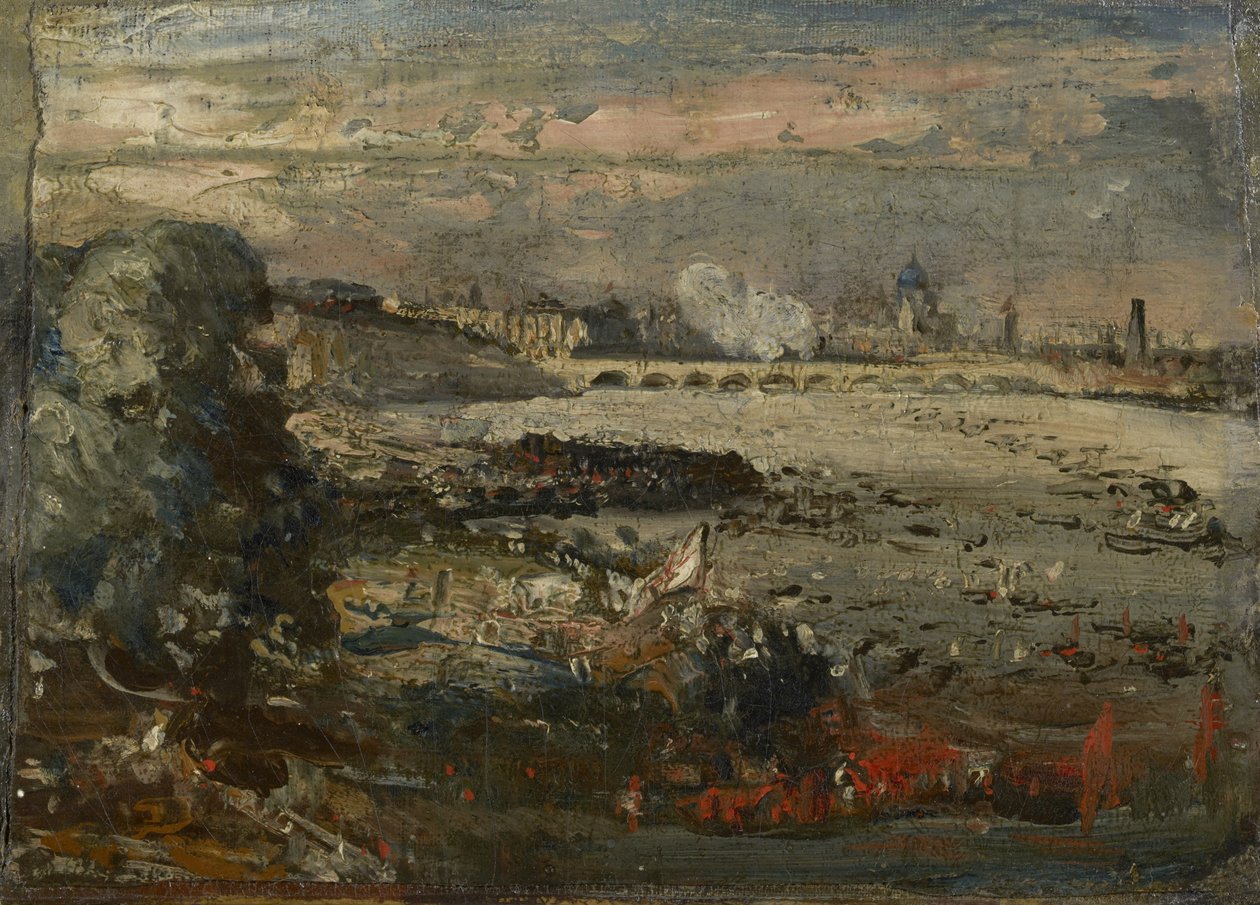 Skitse til "Åbningen af Waterloo Bridge set fra Whitehall Stairs, 18. juni 1817", ca. 1819 af John Constable