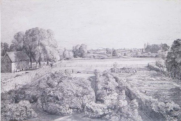 Udsigt over East Bergholt over køkkenhaven ved Golding, Constables hus af John Constable