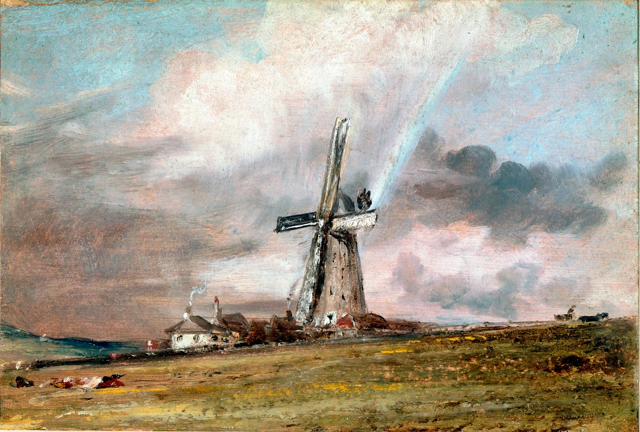 Vindmølle, huse og regnbuemaleri af John Constable (1776-1837) 1824 ca. Sol. 21x30,4 cm London, Victoria and Albert museum af John Constable