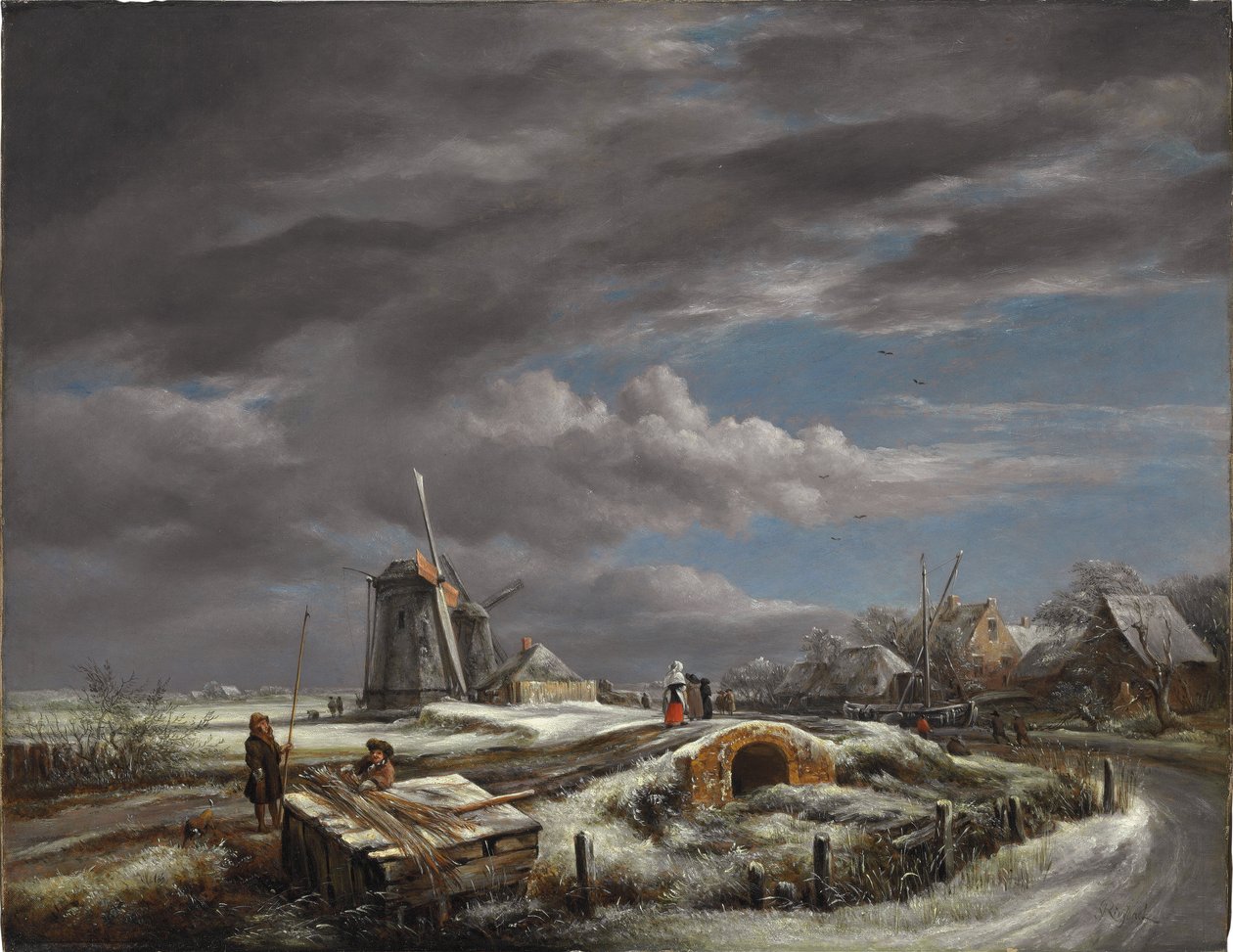 Vinterlandskab med figurer på en sti, en gangbro og vindmøller udenfor af John Constable
