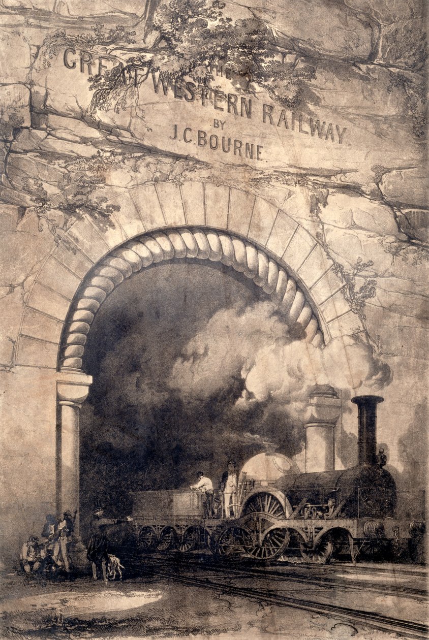 Acheron 2-2-2 lokomotiv, der dukker op fra en tunnel nær Bristol, frontispice til The History and Description of the Great Western Railway, 1846 af John Cooke Bourne