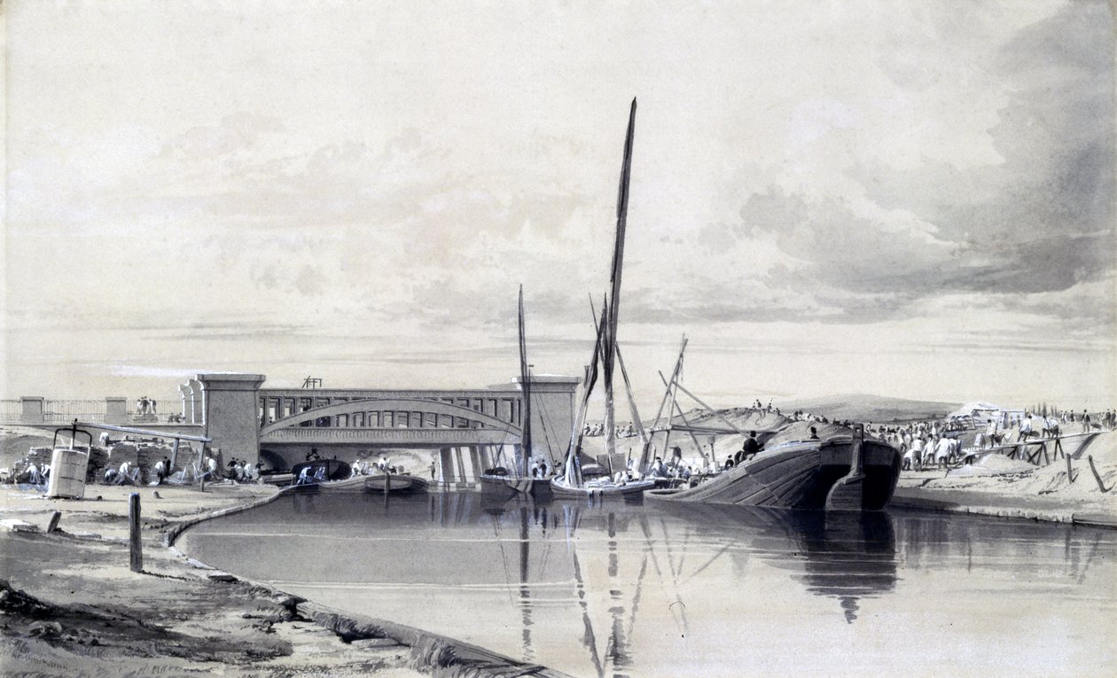 Bro over Regents Canal, april 1837 (pen & blæk og vask på papir) af John Cooke Bourne