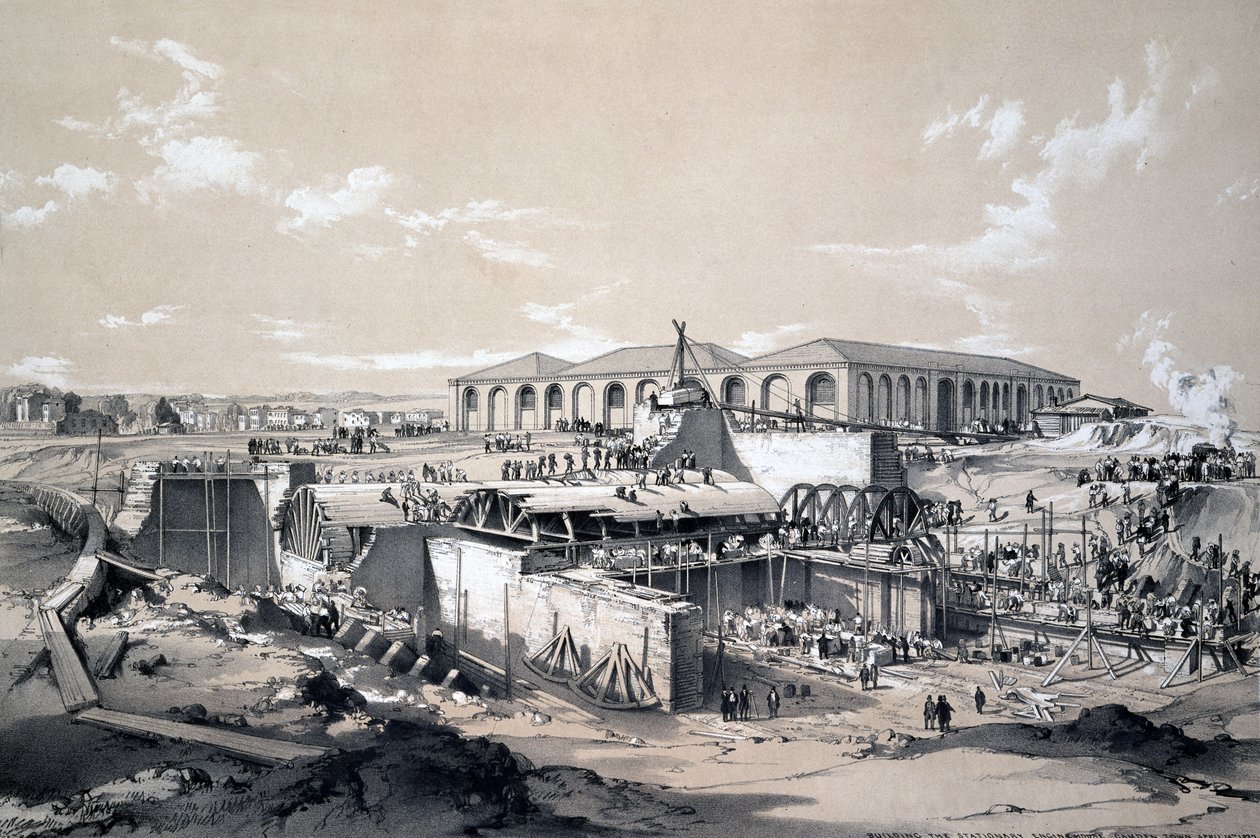 Building the Stationary Engine House, Camden Town, 26. april 1837 (pen & blæk og vask på papir) af John Cooke Bourne