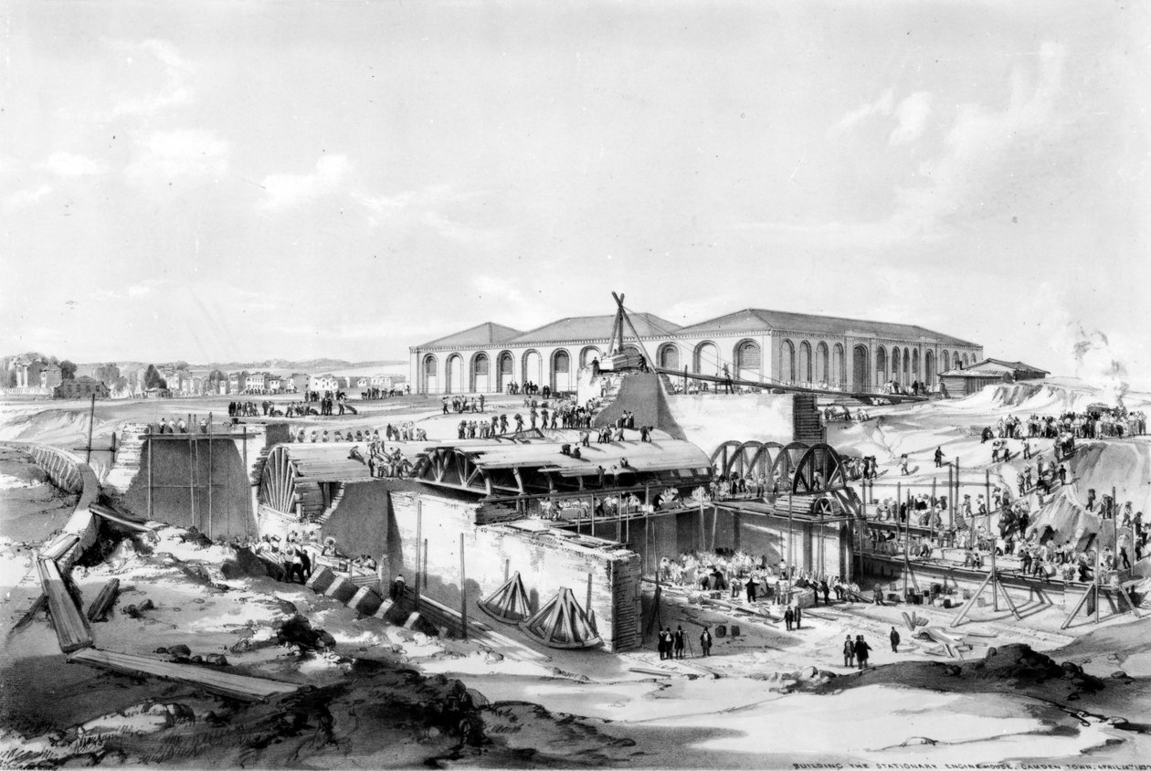 Building the Stationary Engine House, Camden Town, 26. april 1837 (pen og blæk og vask på papir) af John Cooke Bourne