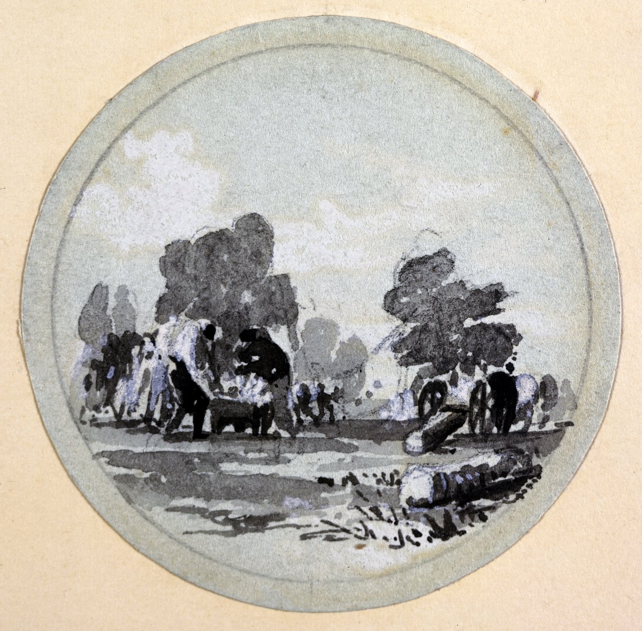 Cleaning, London & Birmingham Railway, ca. 1838 (pen & blæk og vask på papir) af John Cooke Bourne