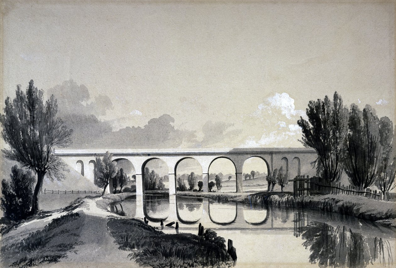 Colne Viaduct, Watford, Hertfordshire, 5. juni 1837 (pen & blæk og vask på papir) af John Cooke Bourne