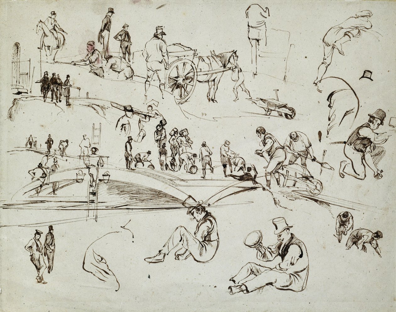 Konstruktion af London og Birmingham Railway, ca. 1835 (brunt blæk på papir; sammensat skitse) af John Cooke Bourne