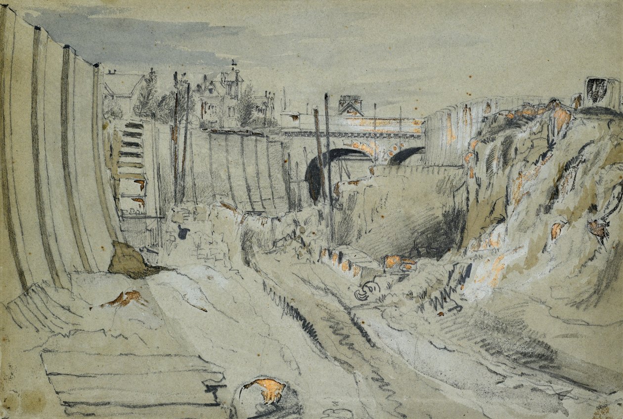 Lontoon ja Birminghamin rautatien rakentaminen, n. 1835 (kynä ja pesu paperille) af John Cooke Bourne