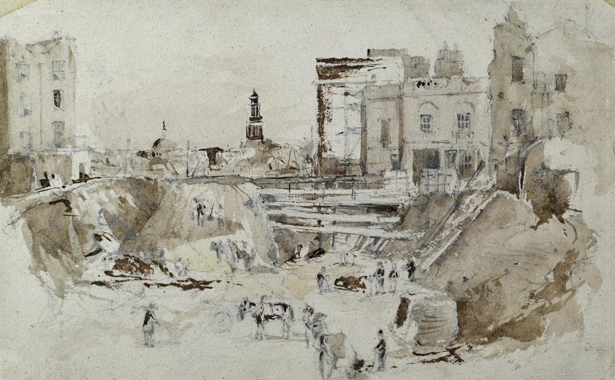 Lontoon ja Birminghamin rautatien rakentaminen, n. 1835 (kynä pesulla paperilla) af John Cooke Bourne