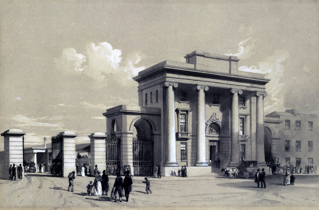 Indgang til Birmingham Station, september 1838 (pen & blæk og vask på papir) af John Cooke Bourne