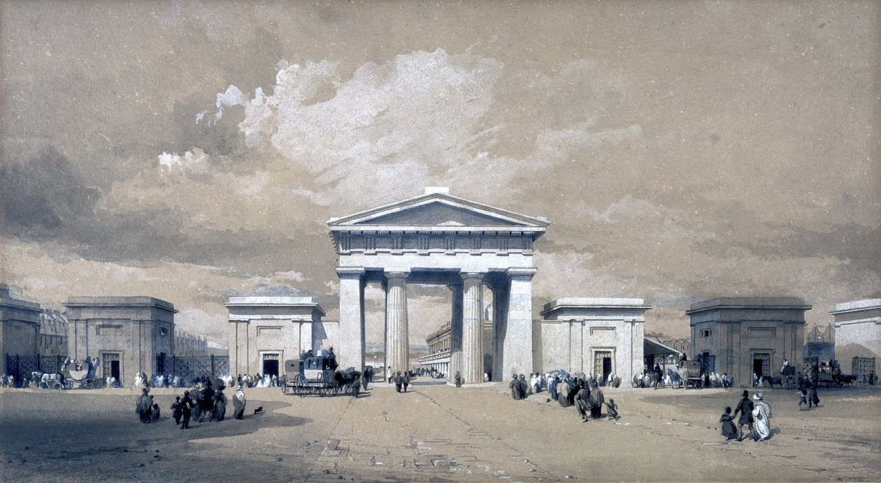 Euston Arch, april 1838 (pen & blæk og vask på papir) af John Cooke Bourne