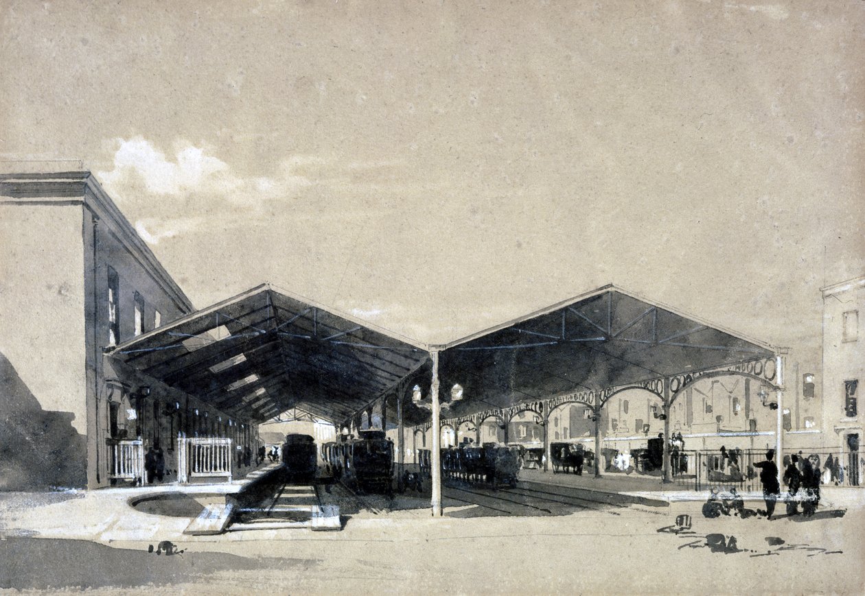 Euston Station interiør, maj 1837 (pen & blæk og vask på papir) af John Cooke Bourne