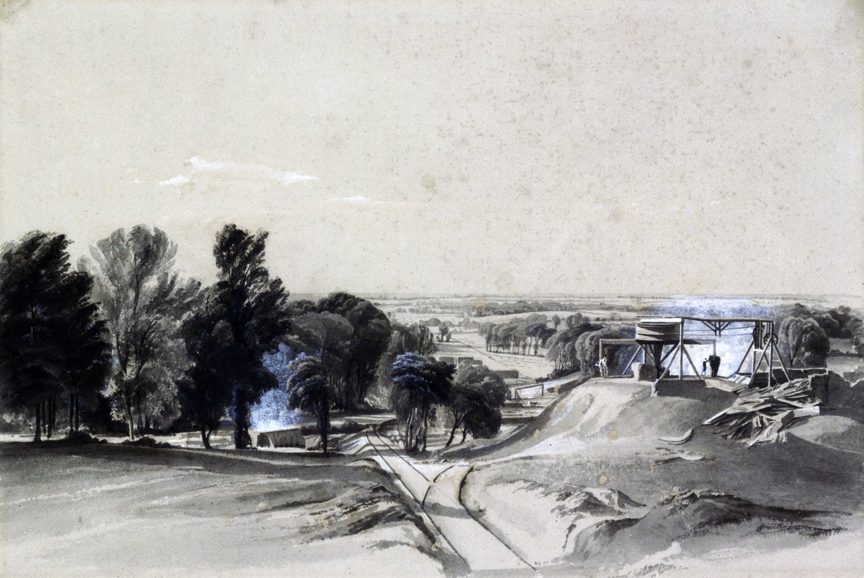 Fra oven, Kilsby Tunnel, Northamptonshire, 20. juli 1837 (pen & blæk og vask på papir) af John Cooke Bourne