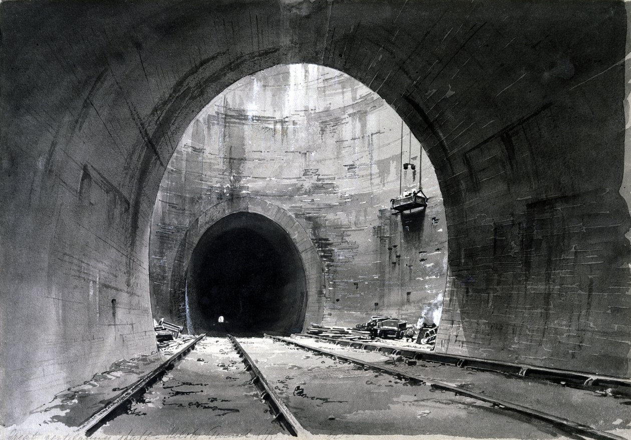 Fantastisk ventilationsskakt, Kilsby Tunnel, Northamptonshire, 1837-38 (pen & blæk og vask på papir) af John Cooke Bourne