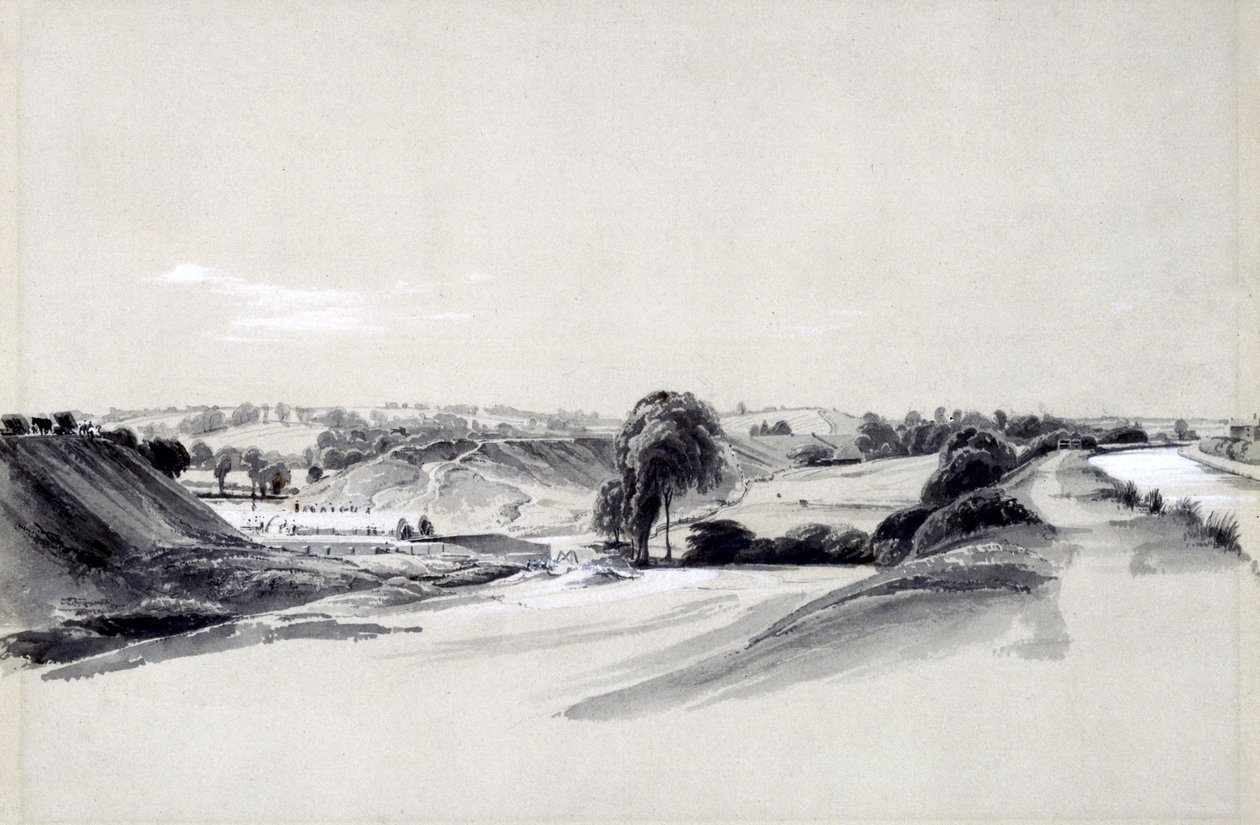 Fremstilling og dæmning, Bugbrooke, 10. juli 1837 (pen & blæk og vask på papir) af John Cooke Bourne
