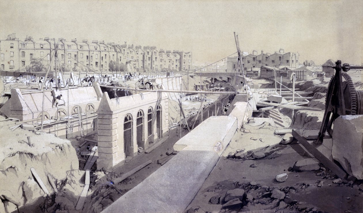 Mornington Crescent - Line under opførelse, september 1836 (pen & blæk og vask på papir) af John Cooke Bourne