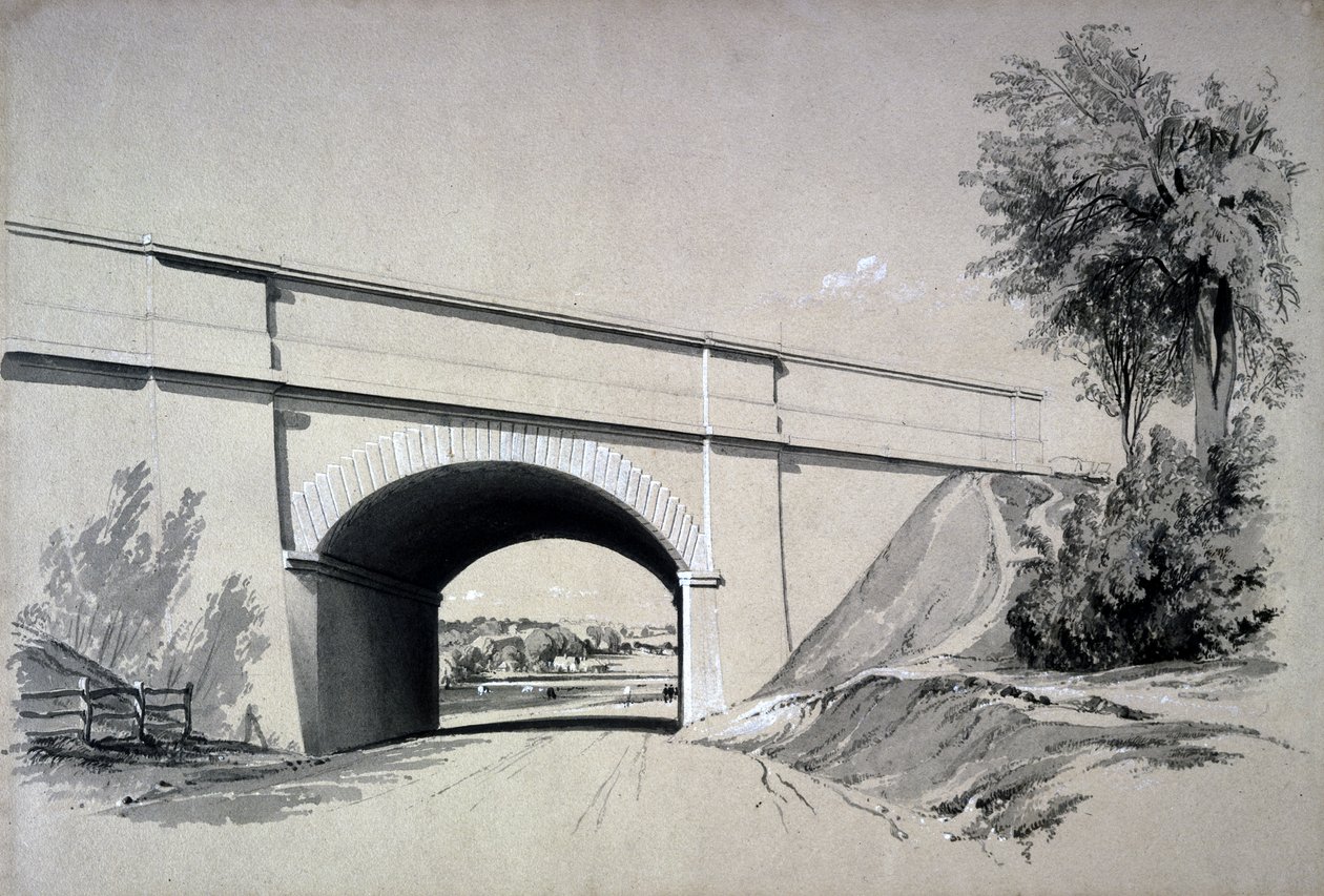 Oblique Bridge, Boxmoor, Hertfordshire, 12. juni 1837 (pen & blæk og vask på papir) af John Cooke Bourne