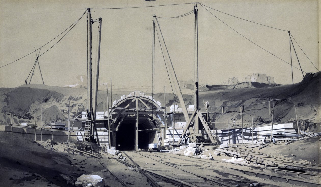 Primrose Hill Tunnel, april 1837 (pen & blæk og vask på papir) af John Cooke Bourne