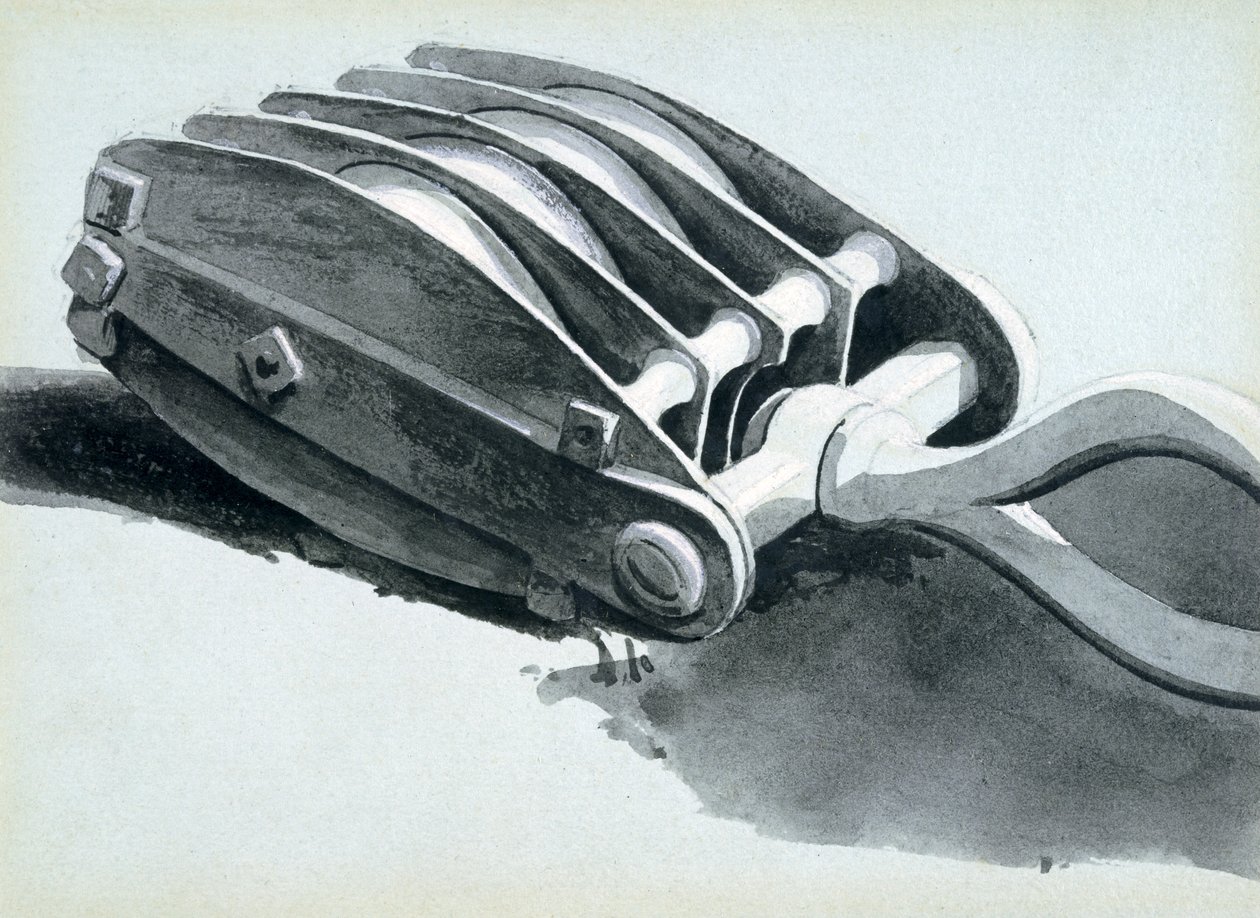 Remskive brugt i jernbanekonstruktion, 1833-38 (pen & blæk og vask på papir) af John Cooke Bourne