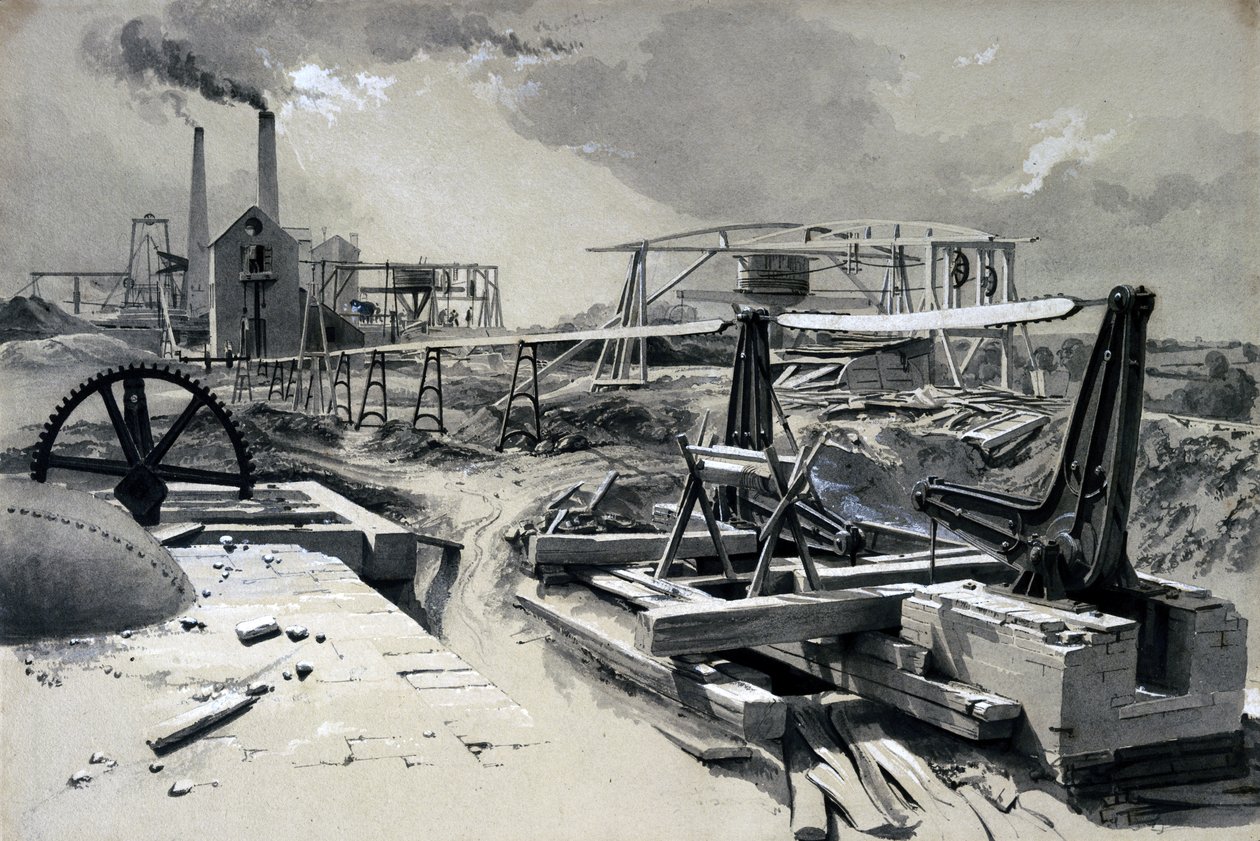 Pumper, ventilationsskakt, Kilsby Tunnel, Northamptonshire, 15. juli 1837 (pen & blæk og vask på papir) af John Cooke Bourne